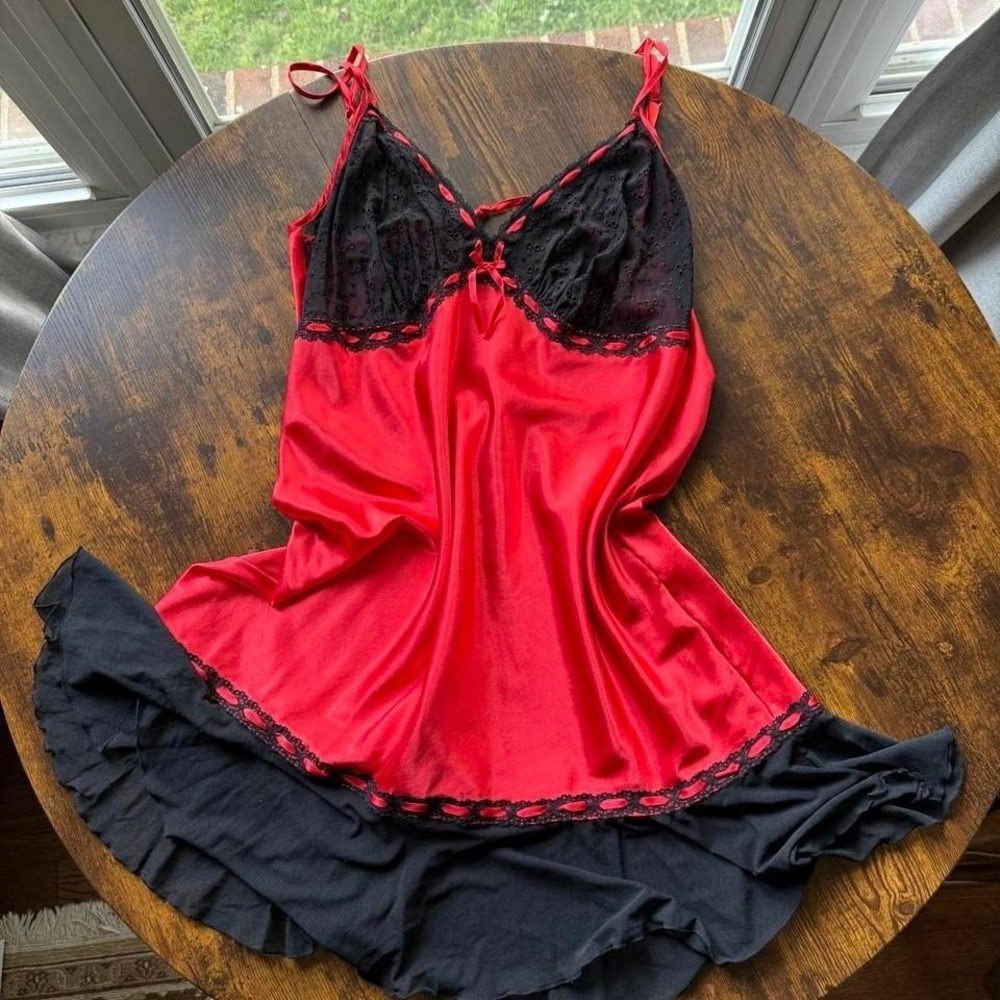 Cacique Women's Babydoll Lingerie Red Black Lace Size 14/16